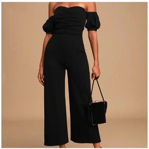 Lulus Impress Release Black Off the Shoulder Puff Sleeve Jumpsuit
